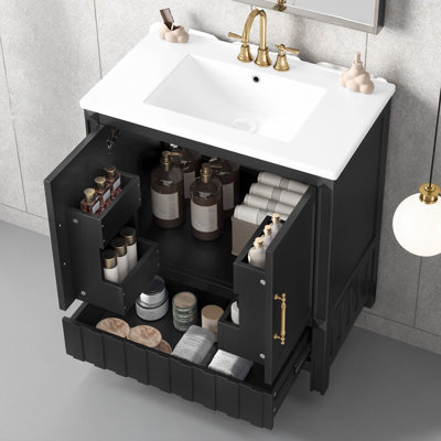 Meuble-lavabo de salle de bain 30 po - structure en bois massif, tiroir dissimulé et 4 tablettes intérieures. Meuble-lavabo pour petite baignoire Pop-of-Color