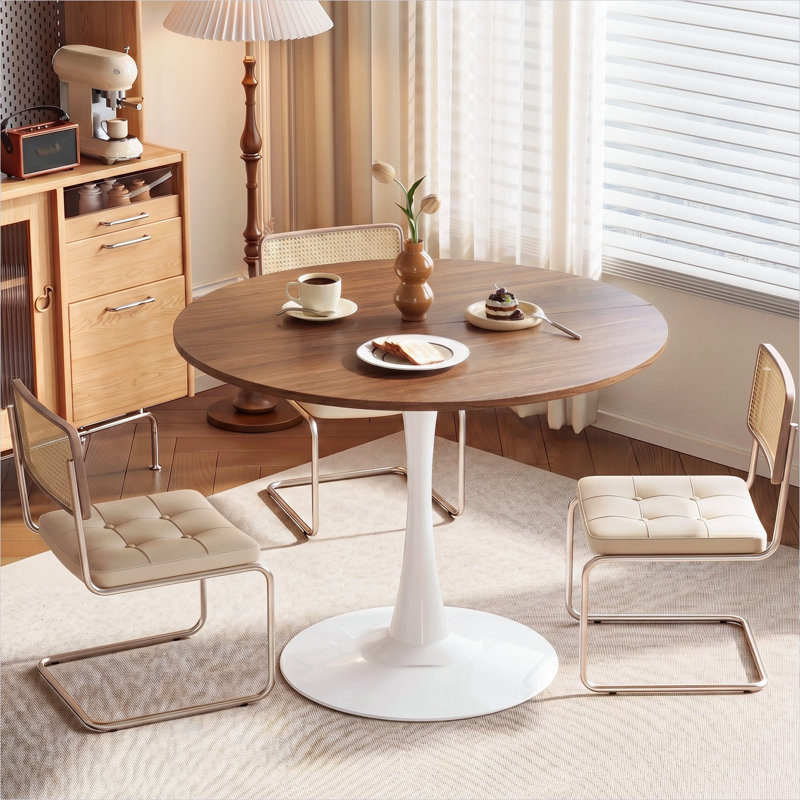 Table de salle à manger ronde blanche sur pied central, 4 couverts, facile à installer, idéale pour la cuisine et la salle à manger.