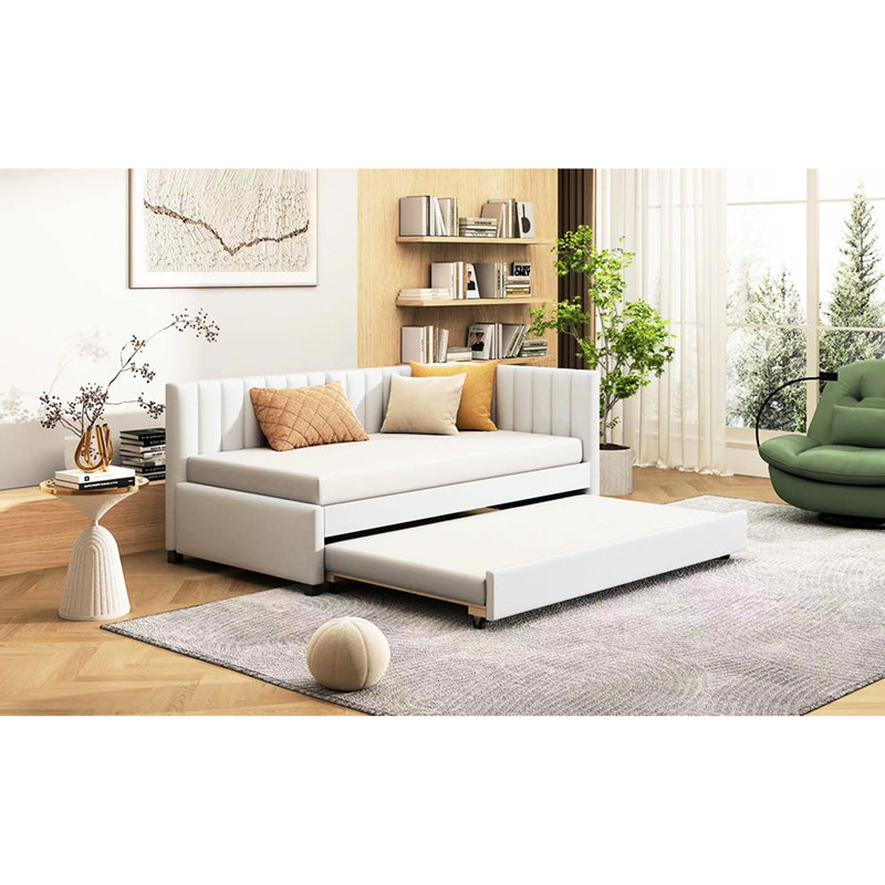 Lit de jour rembourré en lin beige avec lit gigogne simple, sans sommier tapissier