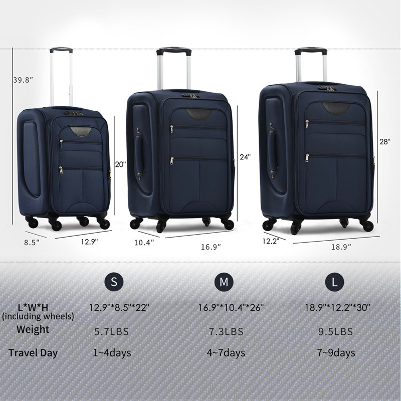 Ensemble de 3 valises extensibles Softside Valise, H 28,01 po x l 18,91 po x P 12,21 po, Bleu très foncé