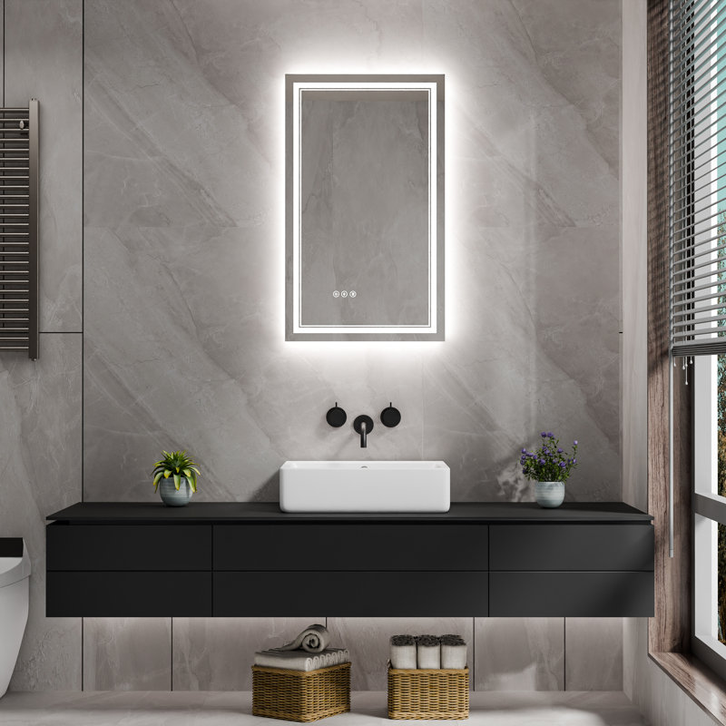 Miroir de salle de bain surdimensionné sans cadre à DEL, bande de lumière à DEL double à l'avant et à l'arrière, luminosité sans faille et réglage CCT, désembueur d'arrêt automatique de 60 minutes, mémoire de mise hors tension, miroir à une plaque à câblage double homologué ETL
