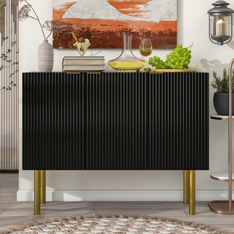 Geovanna Modern Luxury Sideboard Cabinet  Particle Board & MDF with Gold Metal Legs, Adjustable Shelves, Black
