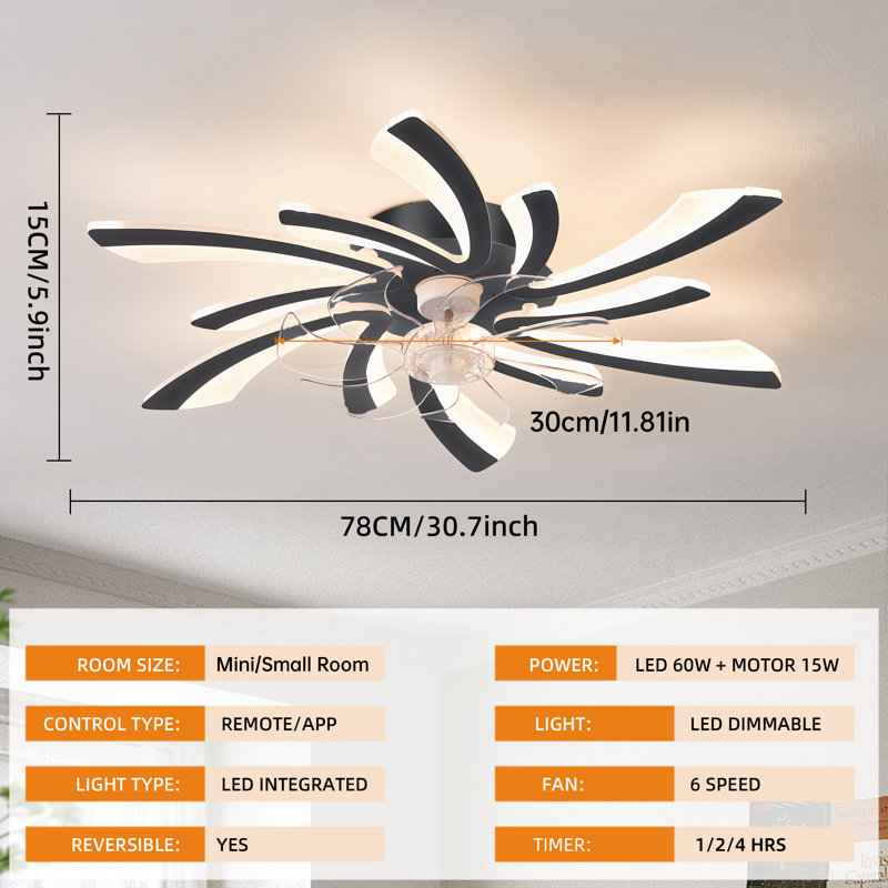 Ventilateur de plafond à DEL à intensité variable réversible à 7 pales avec lumière et télécommande Abson, Noir