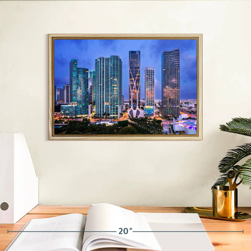 Vue aérienne du centre-ville de Miami, Cadre flottant en bois naturel, 13 po x 9 po