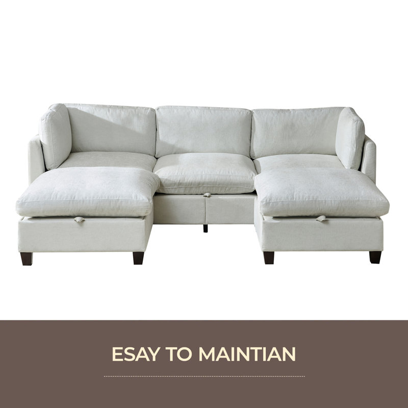 96.5" Sectional Couch For Living Room, Upholstered Soft Chenille Fabric Sofa With Storage, 3-Seater With Two Ottomans U Shape Sofa