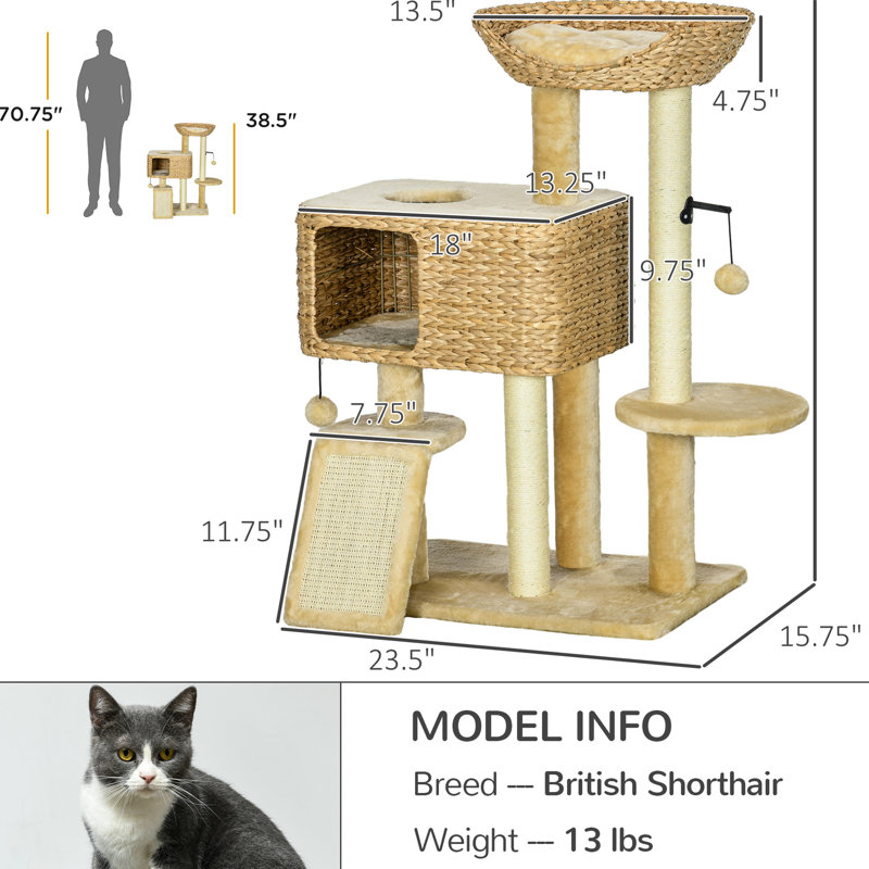Tour pour chat 38,5 po beige pour animaux de compagnie d'intérieur. Livrée avec poteaux à griffes, rampe, boules, plateforme, lit. Conception robuste. Conception confortable. Dimensions: l 23,5 po x P 15,72 po. H 38,5 po. Pour les chats pesant moins de 13 lb