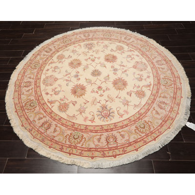 6'6''x6'6'' Round Hand Knotted Wool Ivory Tabriz Round Traditional 400 KPSI Rug