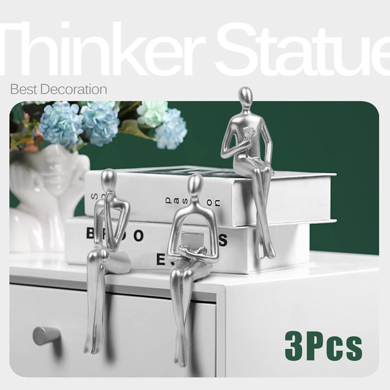 3 - Piece Set of Abstract Thinker Statues, Silver