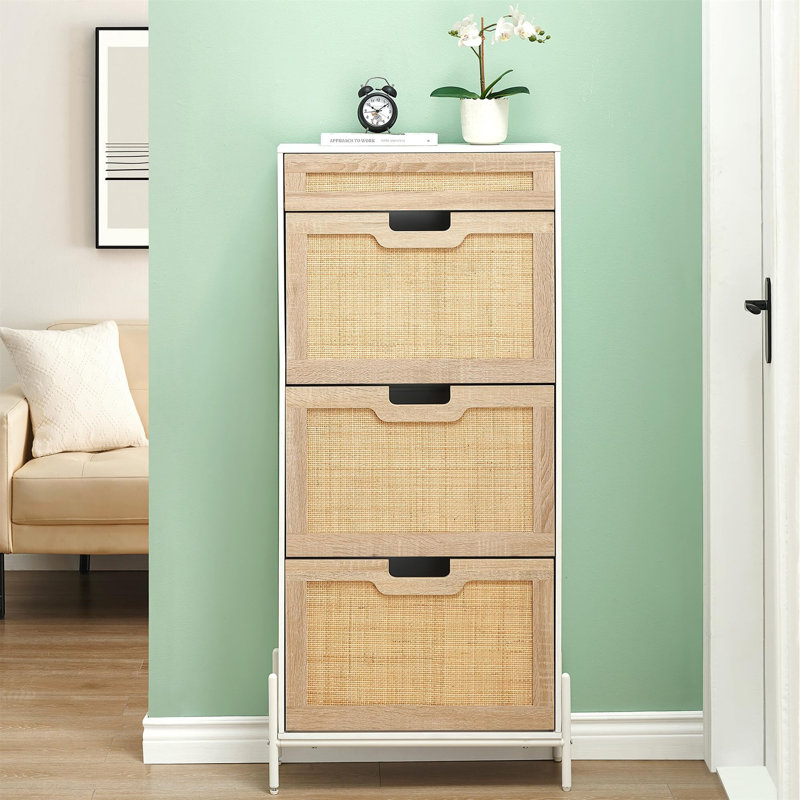 16 Pair Shoe Storage Cabinet, White/Natural Wood