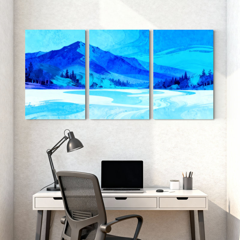 Scénario et paysages urbains, paysage de montagne bleue avec reflets de lac, ensemble de 3 impressions sur toile