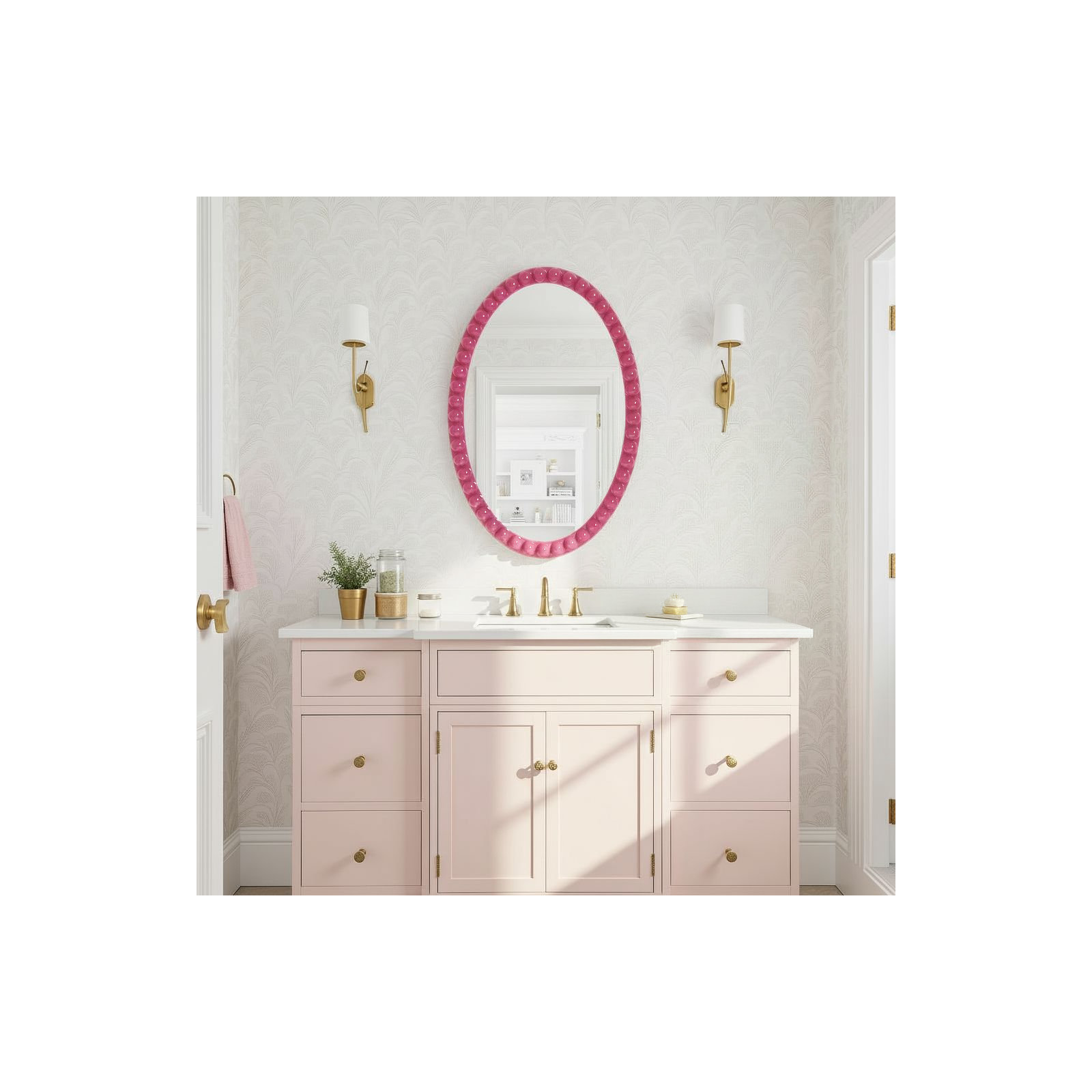 Varsha Oval Glossy Navy Mirror, Pink