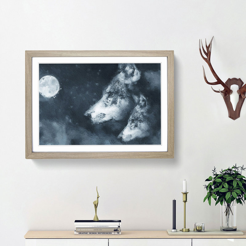 Wolves in the Moonlight - Picture Frame Painting Print, Oak Framed, 48cm H x 65cm W x 2cm D