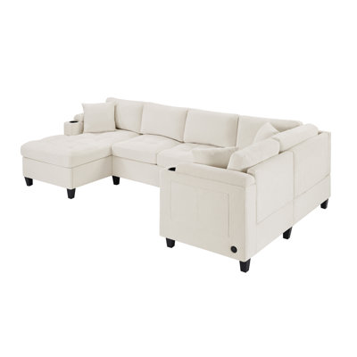Spacious U-shaped Sectional Sofa Chenille Modern Living Room Couch With Storage, Cup Holders & Usb Ports, Beige