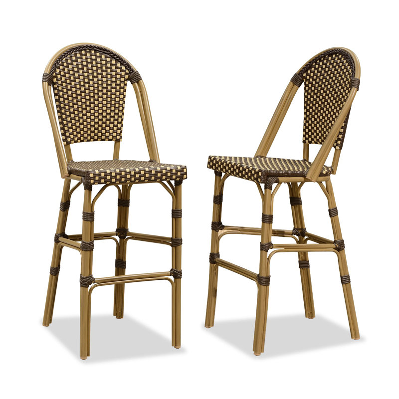  30" Patio Bamboo Print Finish Bar Stools With Rattan Back (set Of 2), Bar Stool (30" Seat Height), Dark Brown/Brown