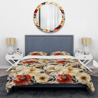 Mosaic Beige And Orange Botanicals - Floral Duvet Cover Set - Microfiber Polyester