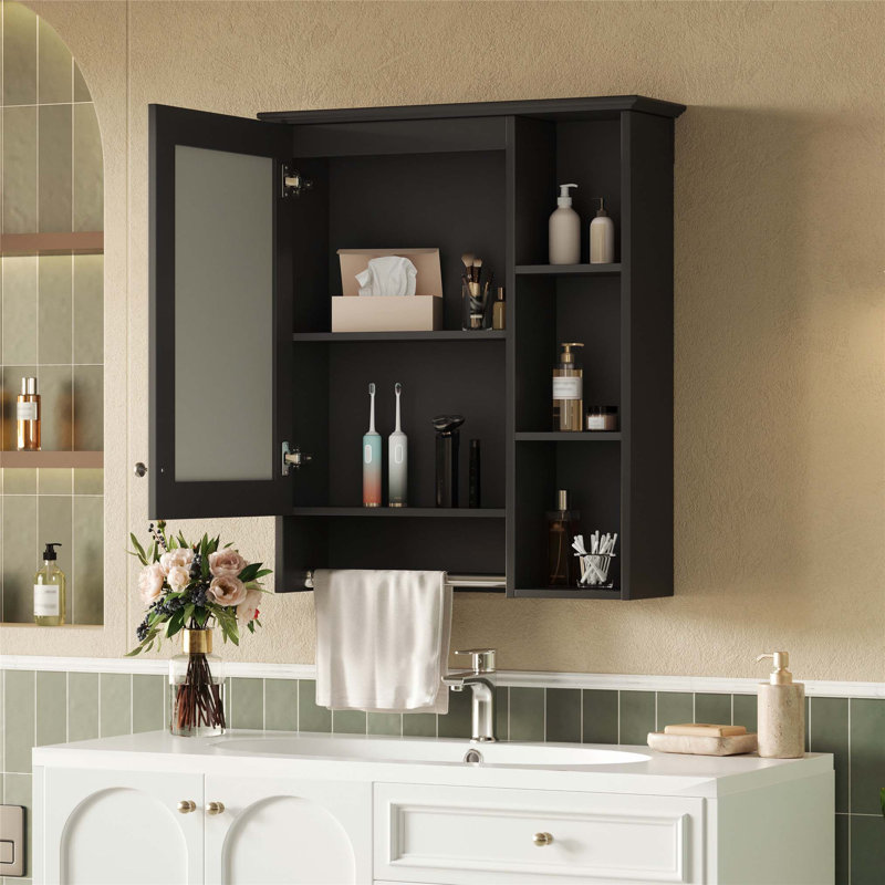 3-in-1 Bathroom Mirror Cabinet with Adjustable Shelf, Towel Bar, and High-Definition Mirror for Smart Storage, Black