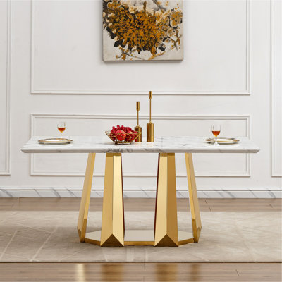 Marble Dining Table For 6 People, 70'' Rectangle Faux Marble Dining Table With Mirrored Finish Stainless Steel Base, Modern Large Size Marble Kitchen