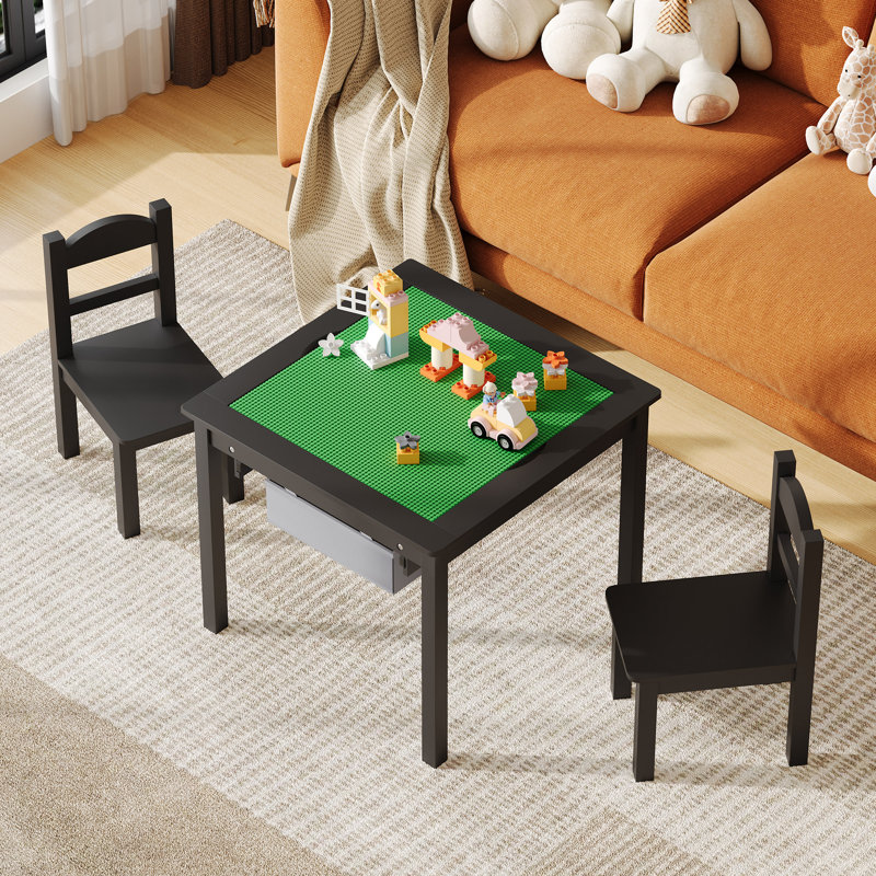 Wooden Kids Table and Chair Set with Storage Drawers, Black