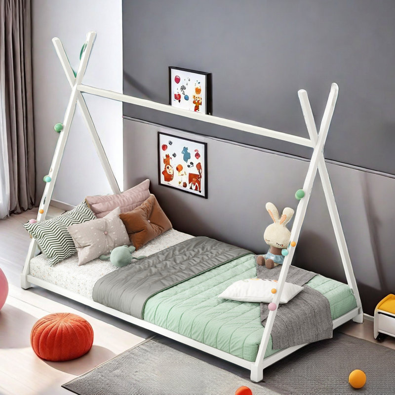 Amonette Metal House Platform Bed with Triangle Structure, White
