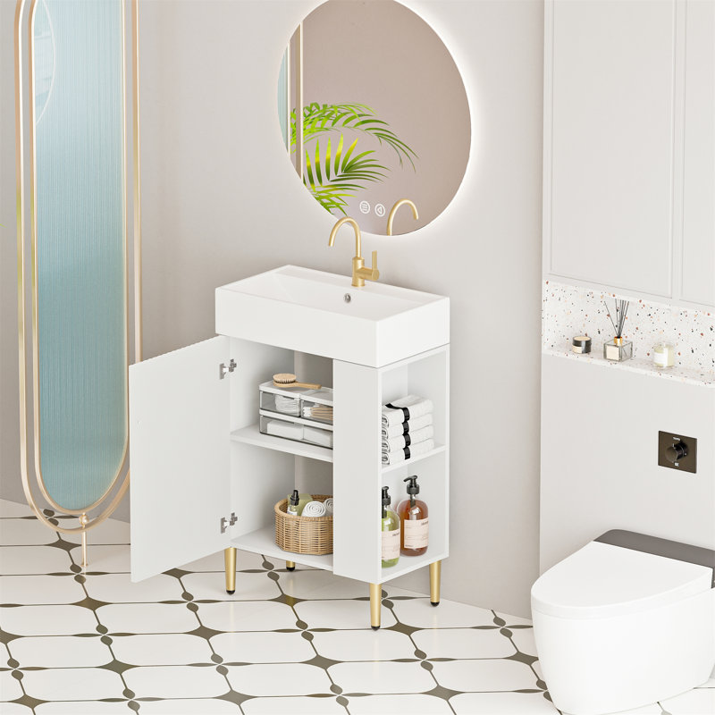 Meuble-lavabo à tablettes ouvertes 21,6 po avec lavabo en céramique et porte à fermeture en douceur, Doré