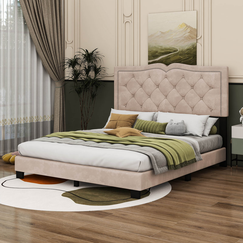 Lit plateforme tapissier Bilgehan, Beige, Grand