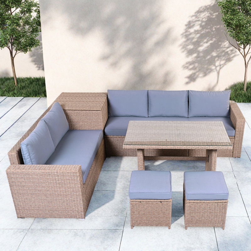 6-piece All Weather Pe Rattan Sofa Set With Adjustable Seat, Storage Box, Removable Covers And Tempered Glass Top Table