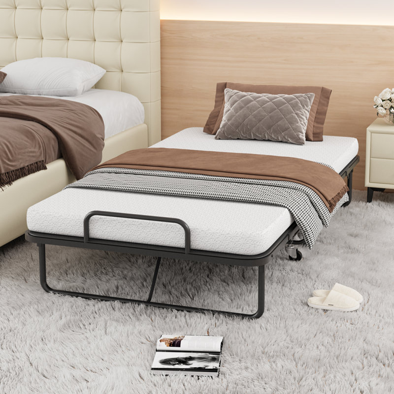  Twin Folding Bed with Mattress for Adults, Sturdy Metal Frame with CertiPUR-US Certified 4" Memory Foam Mattress & Bamboo Rayon Cover, Rollaway Bed - 75" x 38", Black