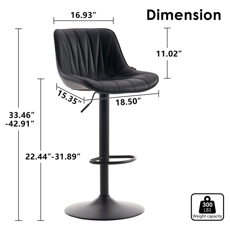 Modern Height Adjustable Swivel Bar Stools Upholstered Leather Barstool Kitchen Island Chairs with Metal Frame, Black