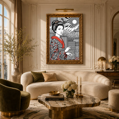 Geisha in Red and Black Kimono with Rising Sun and Pagoda Canvas Wall Art