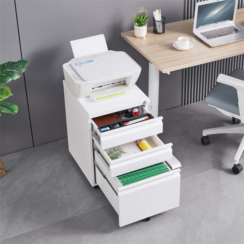 Installation Required 3-Drawer Mobile Filing Cabinet With Lock, Metal Office Storage For Legal/Letter Size Documents, White