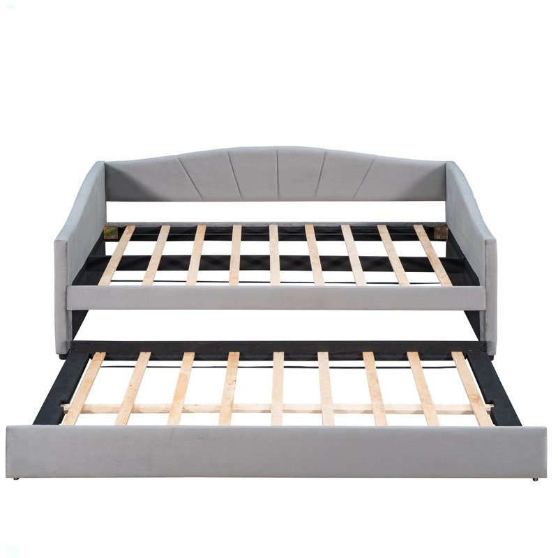 Upholstered Daybed Sofa Bed Twin Size With Trundle Bed And Wood Slat, Gray