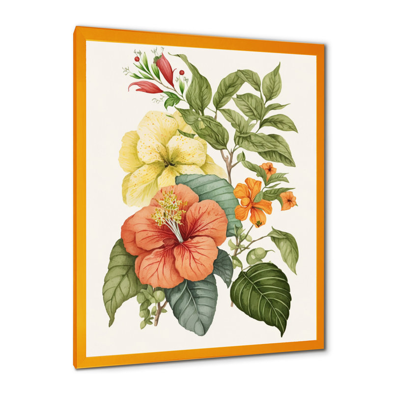 «Blossiming Yellow Retro Hibiscus VI», art floral sur toile, Encadrement doré, H 32 po x l 16 po x P 1 po