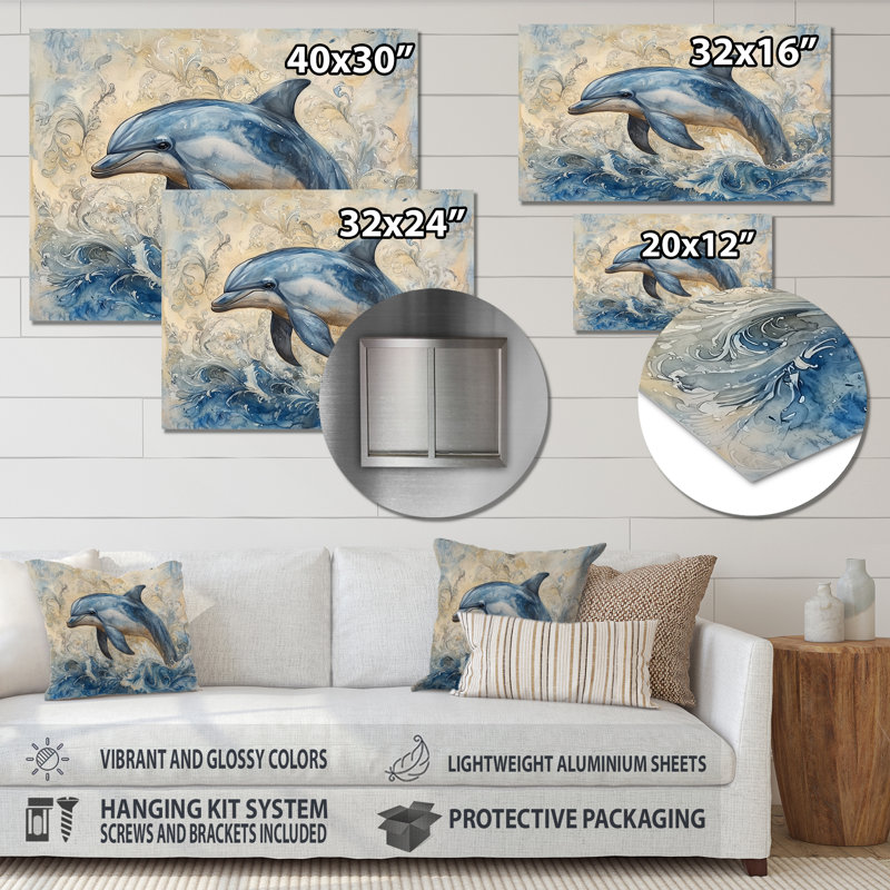 «Dolphin Majestic Oceanic Environment II - Animals», art mural en métal, impression de dauphin, H 16 po x l 32 po