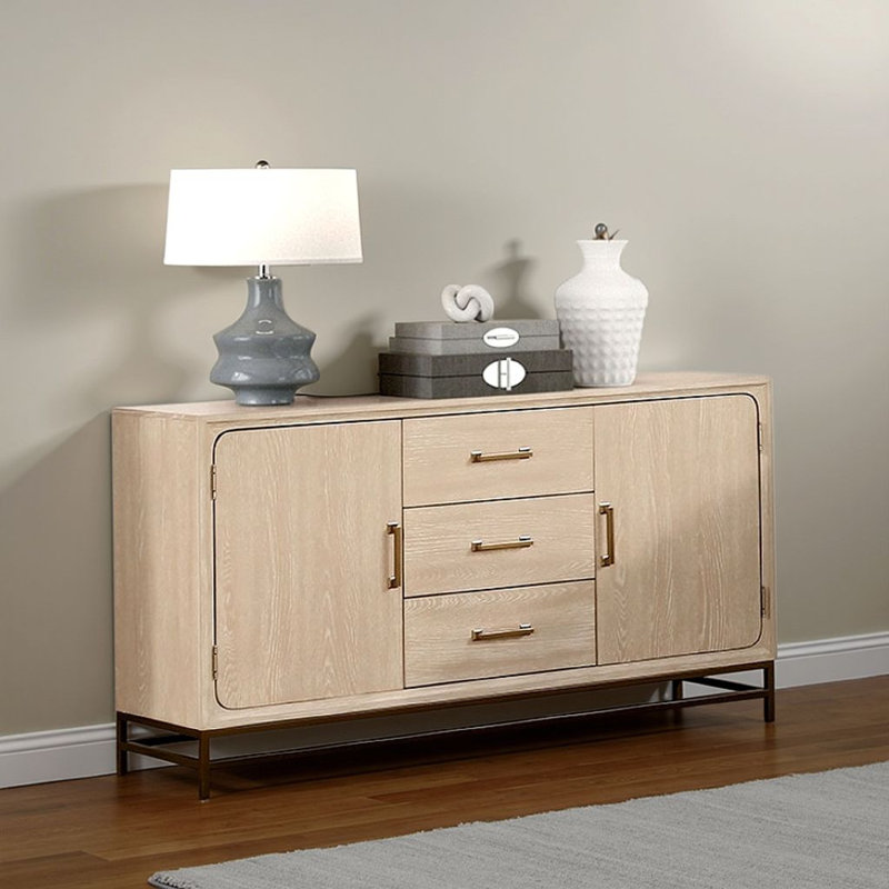 Buffet console Rozie, 3 tiroirs, 2 portes, bois gris, 60 pouces
