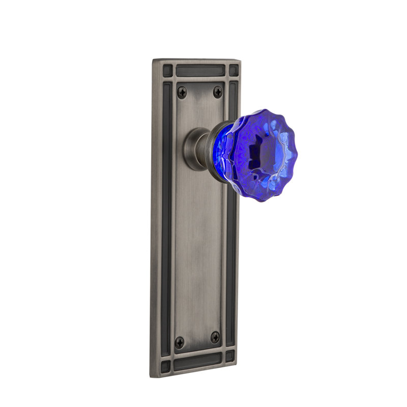 Mission Plate with Crystal Cobalt Door Knob, Antique Pewter