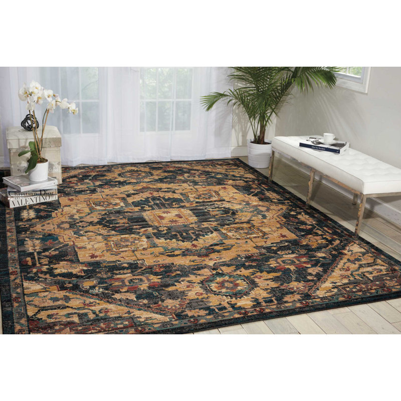 Tapis oriental bleu tissé à la machine, Rectangle 9 pi 2 po x 12 pi 5 po