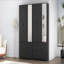 Armoire 4 portes avec miroir, armoire à DEL avec portes et 2 tiroirs, armoire de rangement en bois avec tringle, tablettes réglables-1503190663