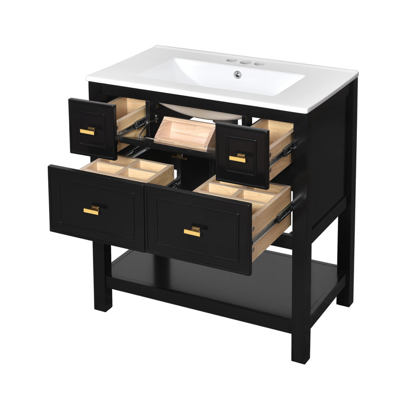 Ensemble de meuble-lavabo simple 30 po avec 5 tiroirs, meuble-lavabo autoportant avec cadre en bois massif 30 po, Noir