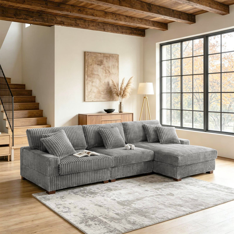 3 - Piece Upholstered Light Gray Faux Rabbit Fur Flannel Modular Sectional Sofa with Armrests & Throw Pillows