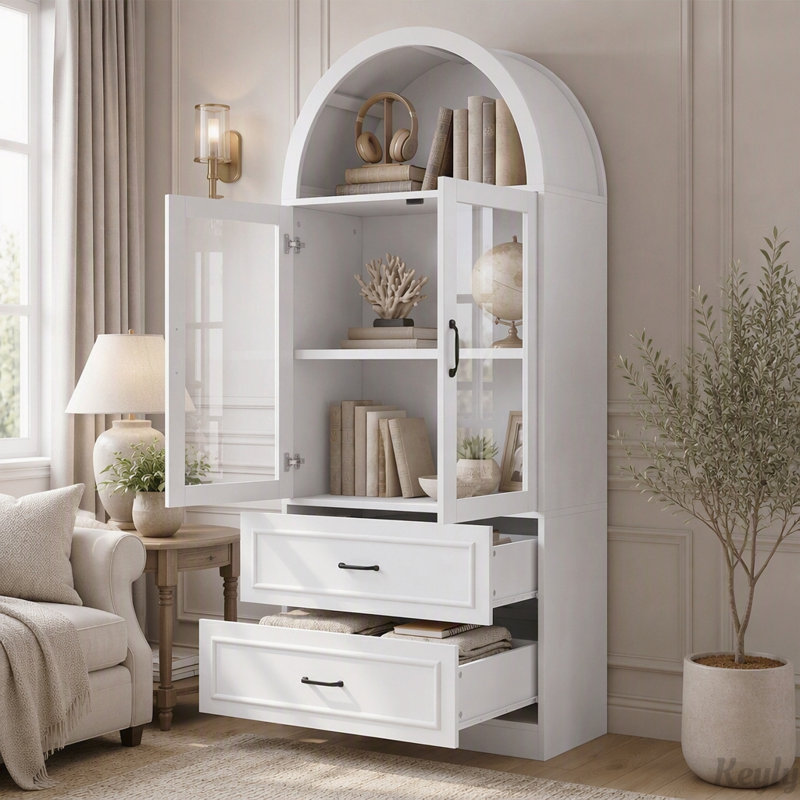 Armoire de rangement arquée avec portes et tiroirs en verre trempé, Blanc