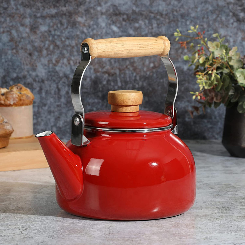 1.5 Quart Tea Kettle With Fold Down Handle in Blue, Red