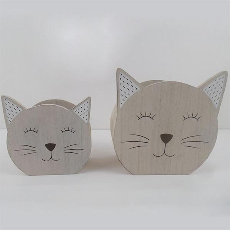 Ensemble de 2 boîtes décoratives en forme de visages de chat en bois