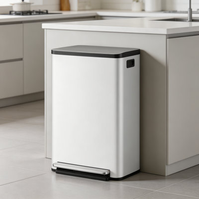 Poubelle de cuisine 50L / 13 gallons avec pédale, poubelle en acier inoxydable - couvercle à fermeture en douceur - seau intérieur amovible - mince rectangulaire compact - blanc