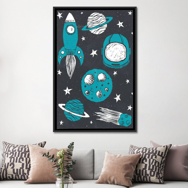 « space age », impression sur toile tendue, H 26 po x l 18 po x P 1,5 po, Toile avec cadre noir, Pas de tapis