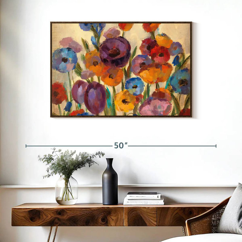 Garden Hues I, 37 po x 25 po, Cadre flottant en noyer