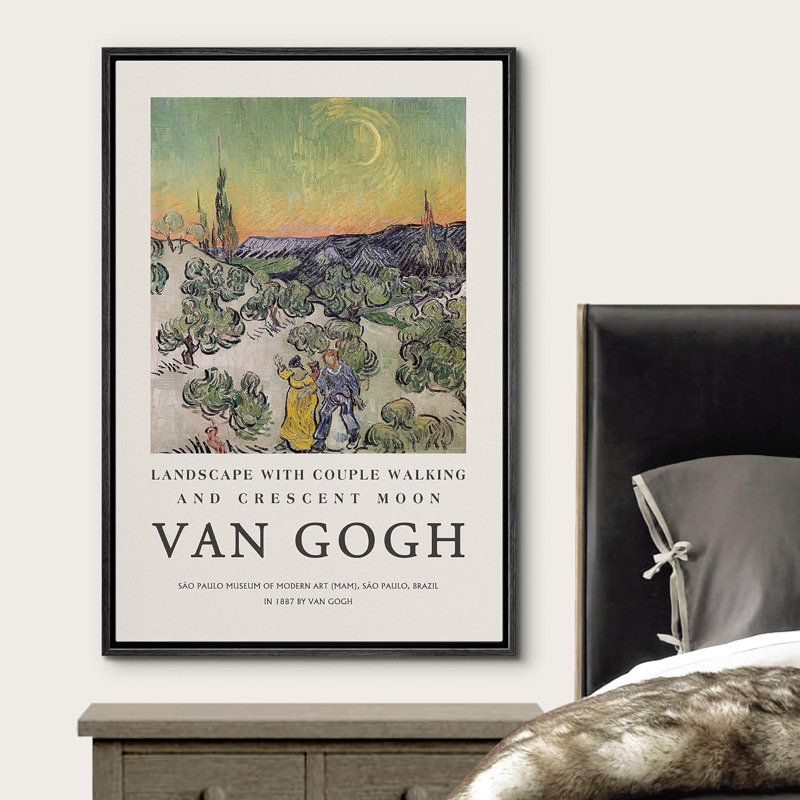 Reproduction d'art classique, paysage, marche d'un couple, encadrée sur toile par Vincent Van Gogh, Noir