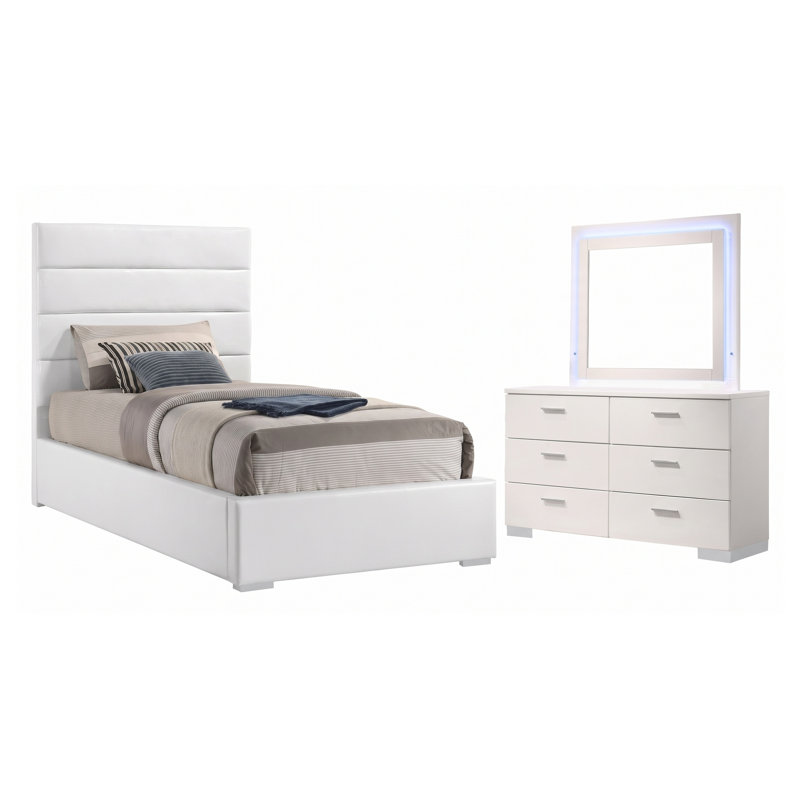 Ensemble de chambre à coucher Genevieve White Twin 3 pièces avec lit rembourré, commode et miroir DEL