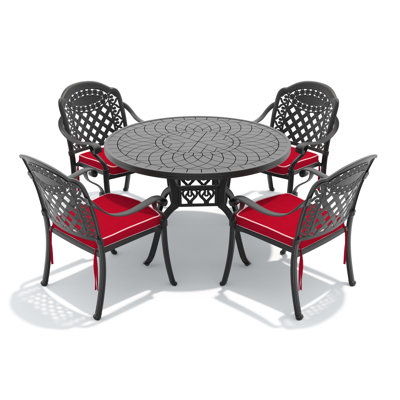 Ensemble de 5 meubles de patio en fonte d'aluminium avec coussins rouges