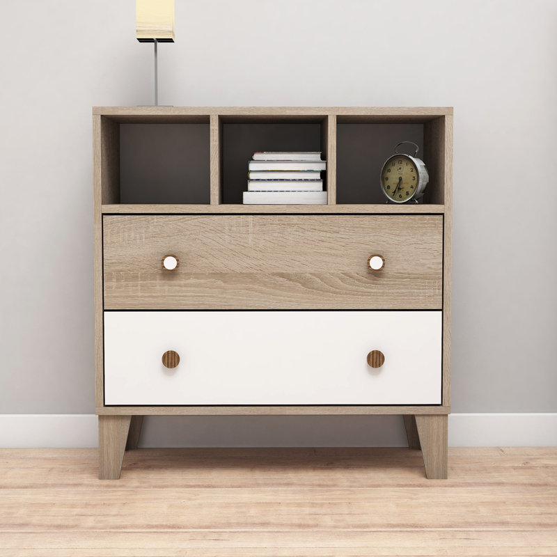 Commode 2 tiroirs Burrier, Blanc / Sonomo