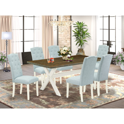 7 Piece Dining Table Set Consist of a Rectangle Dining Room Table with X-Legs and 6 Baby Blue Linen Fabric Parsons Chairs, wire brushed linen white